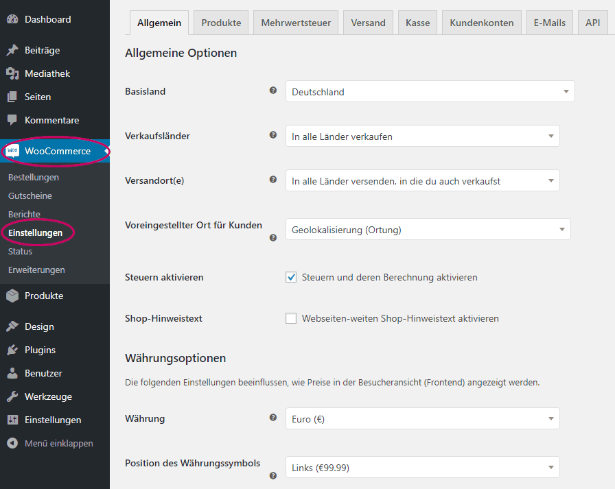 Woocommerce Einstellungen