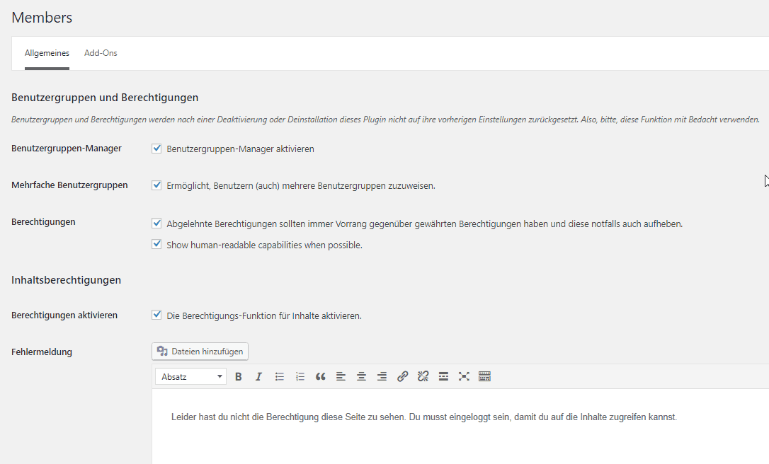 Screenshot zum Thema Members Plugin WordPress