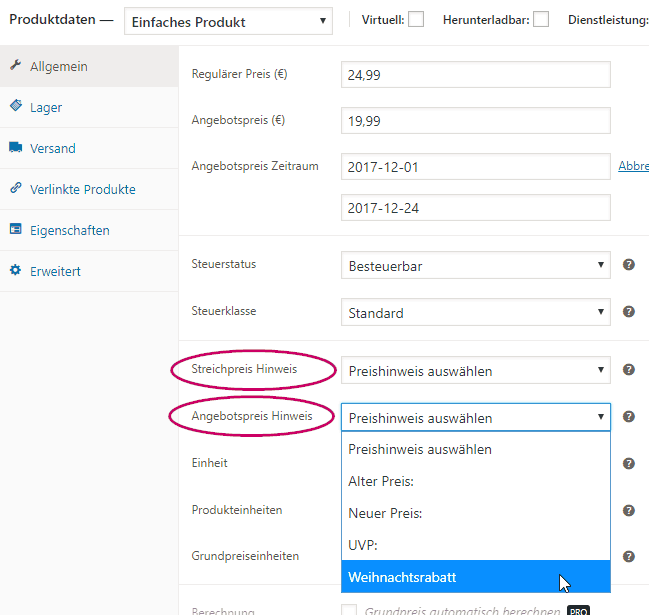 Produktdaten WooCommerce