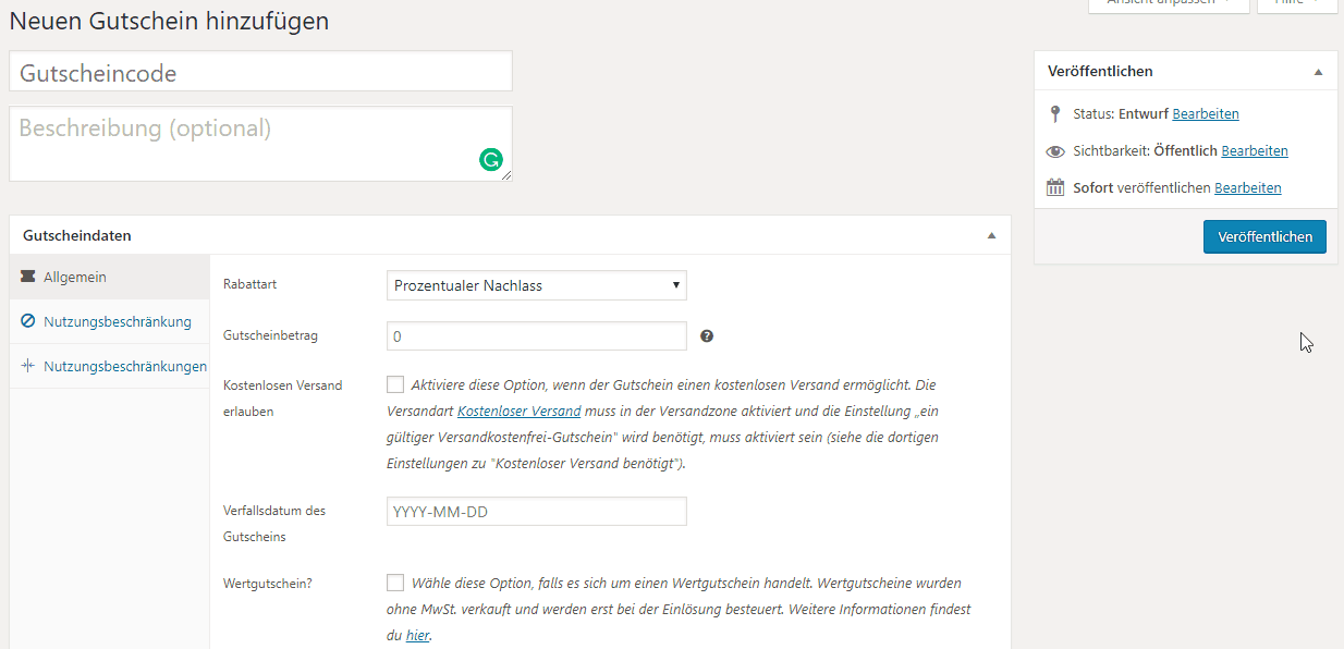 Gutschein WooCommerce hinzufügen