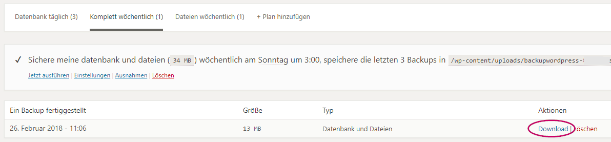 Backup erstellen mit BackupWordPress